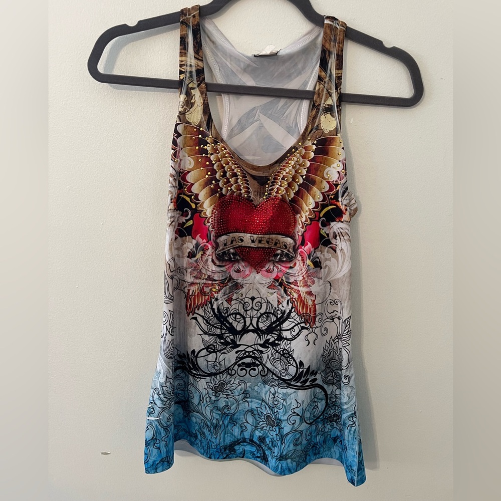 Vintage Las Vegas Rhinestone Graphic Sleeveless Tank Top with Red Heart Accent